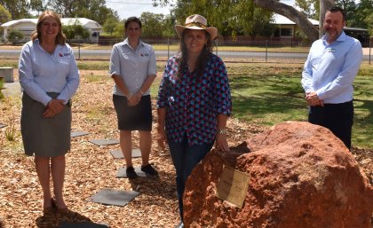 From left: SQRH Interprofessional Practice Co-ordinator Toni Murray, administration officer Jane White, Bidjara Elder Keelen Mailman and SQRH Director Associate Professor Geoff Argus in the outdoor education area and yarning circle. SQRH image. From left: SQRH Interprofessional Practice Co-ordinator Toni Murray, administration officer Jane White, Bidjara Elder Keelen Mailman and SQRH Director Associate Professor Geoff Argus in the outdoor education area and yarning circle. SQRH image.